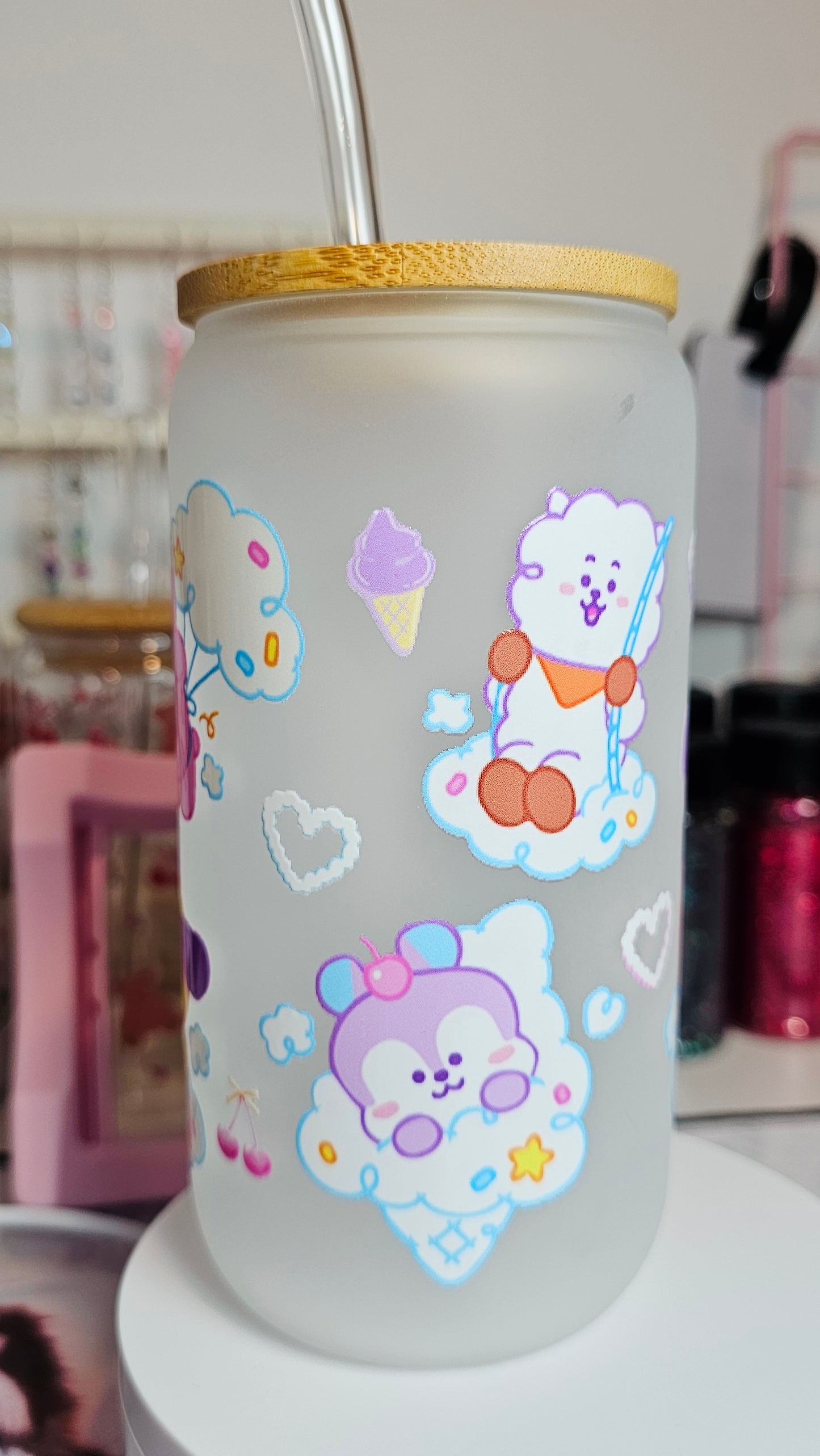 Bt21 Frosted Glass Cup w Glass Straw