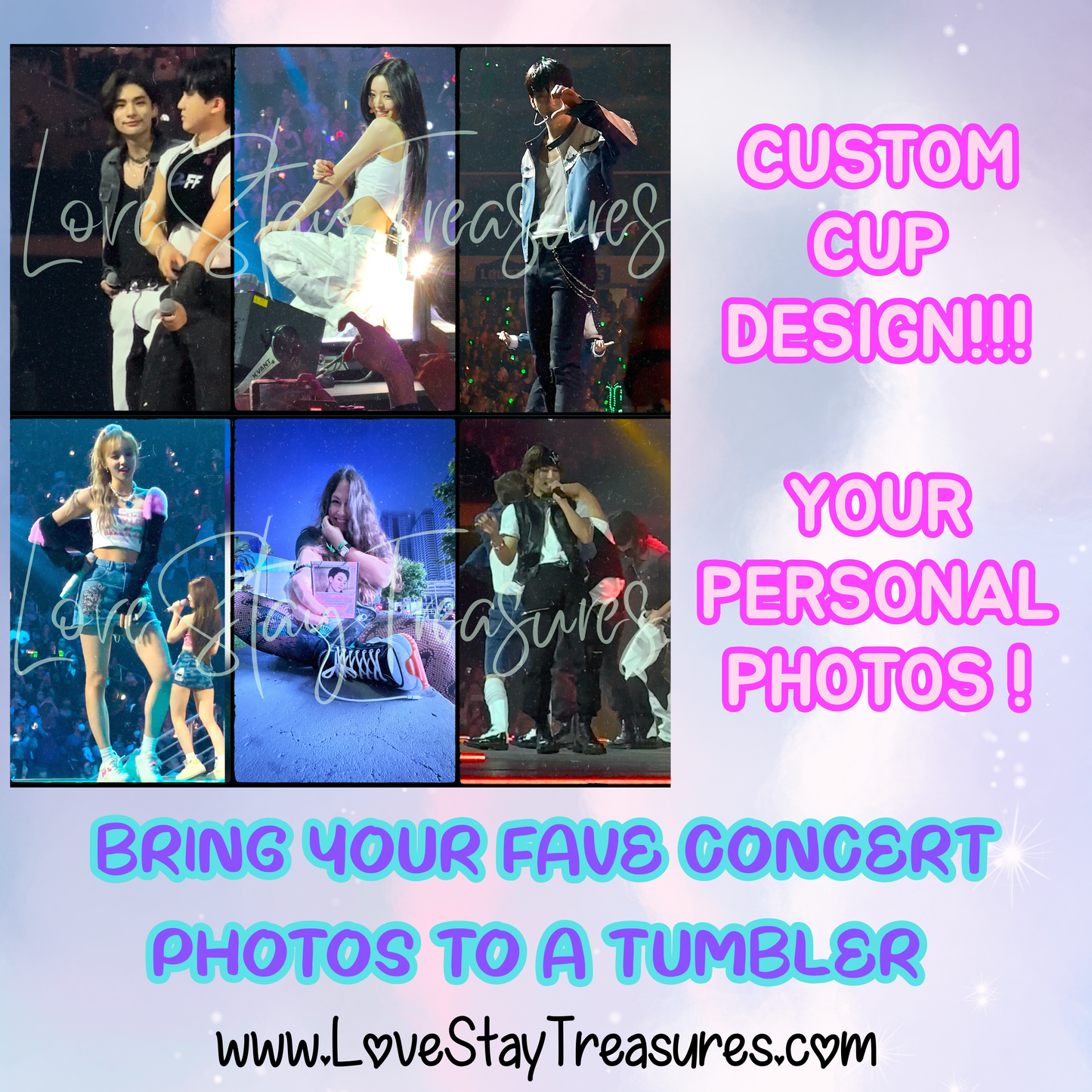CUSTOM CUP/ TUMBLER UVDTF DESIGN YOUR CONCERT OR ANY MEMORIES!