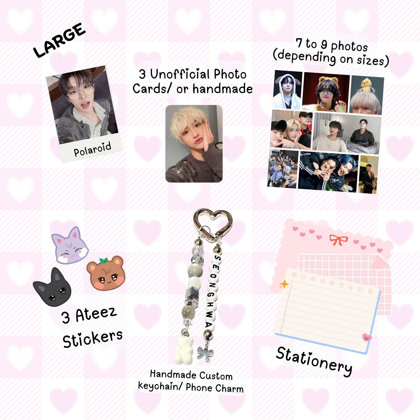 Mingi Large Ateez Bias Pack / Kpop Goodie Bag / Custom Keychain / Phone Charm/ LoveStayTreasures Handmade