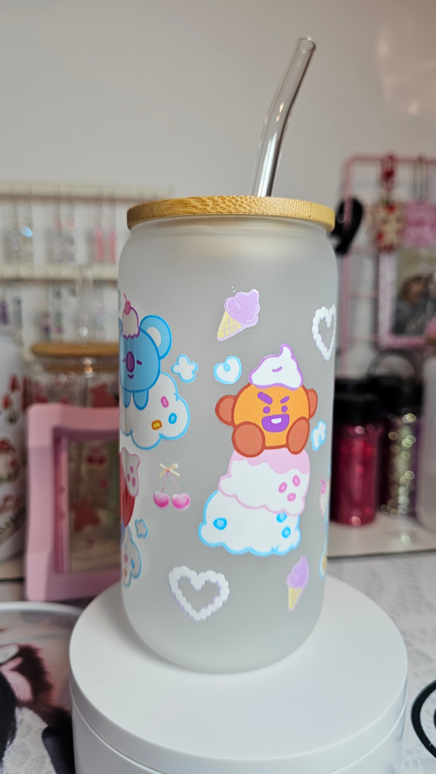 Bt21 Frosted Glass Cup w Glass Straw
