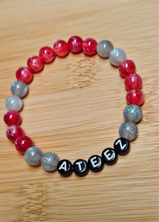Ateez Handmade Bracelet with Red/ Gray Sparkle Beads/ Kpop / LoveStayTreasures Handmade