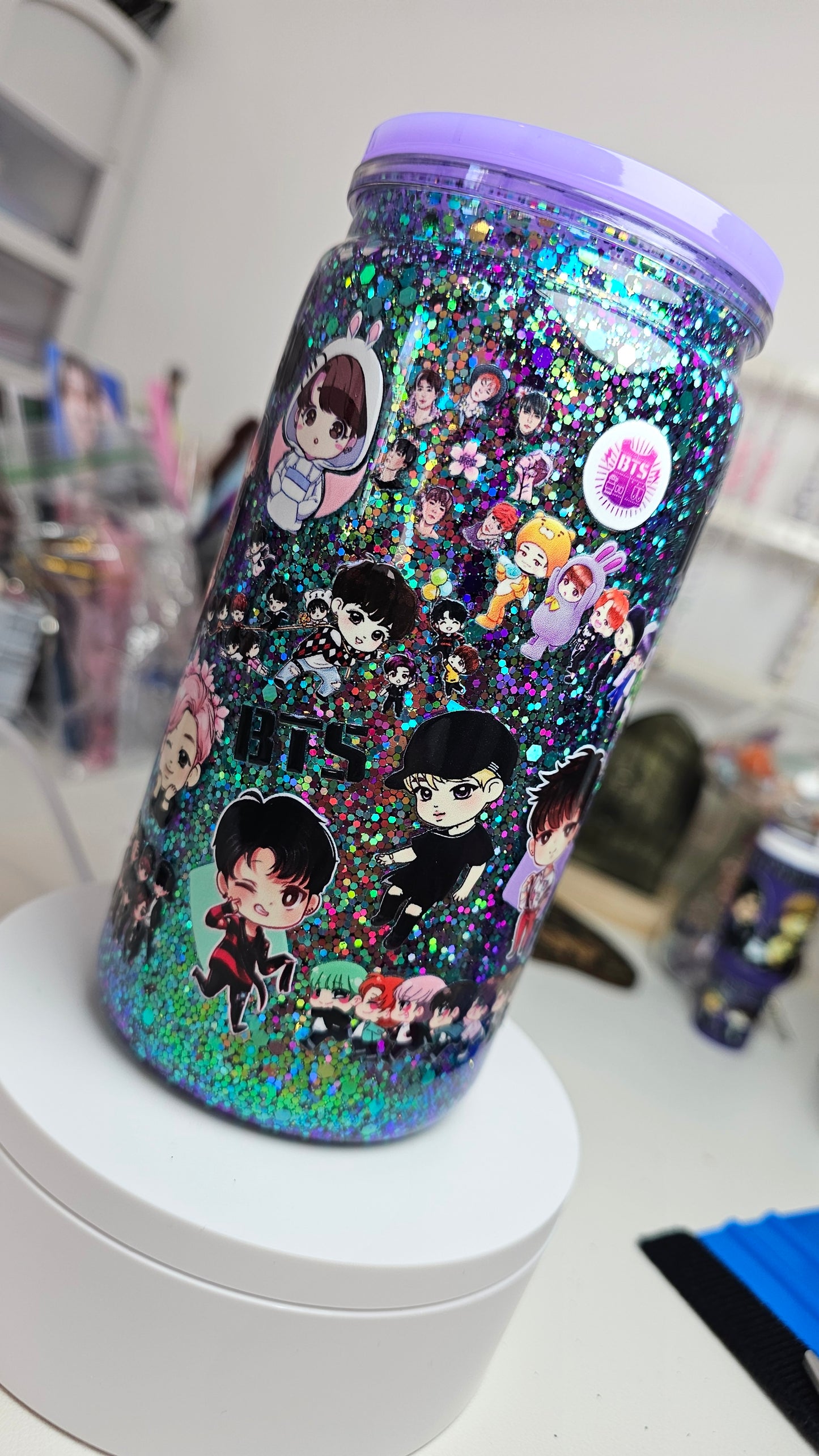 BTS 16oz Acrylic Snow Globe Glitter Tumbler