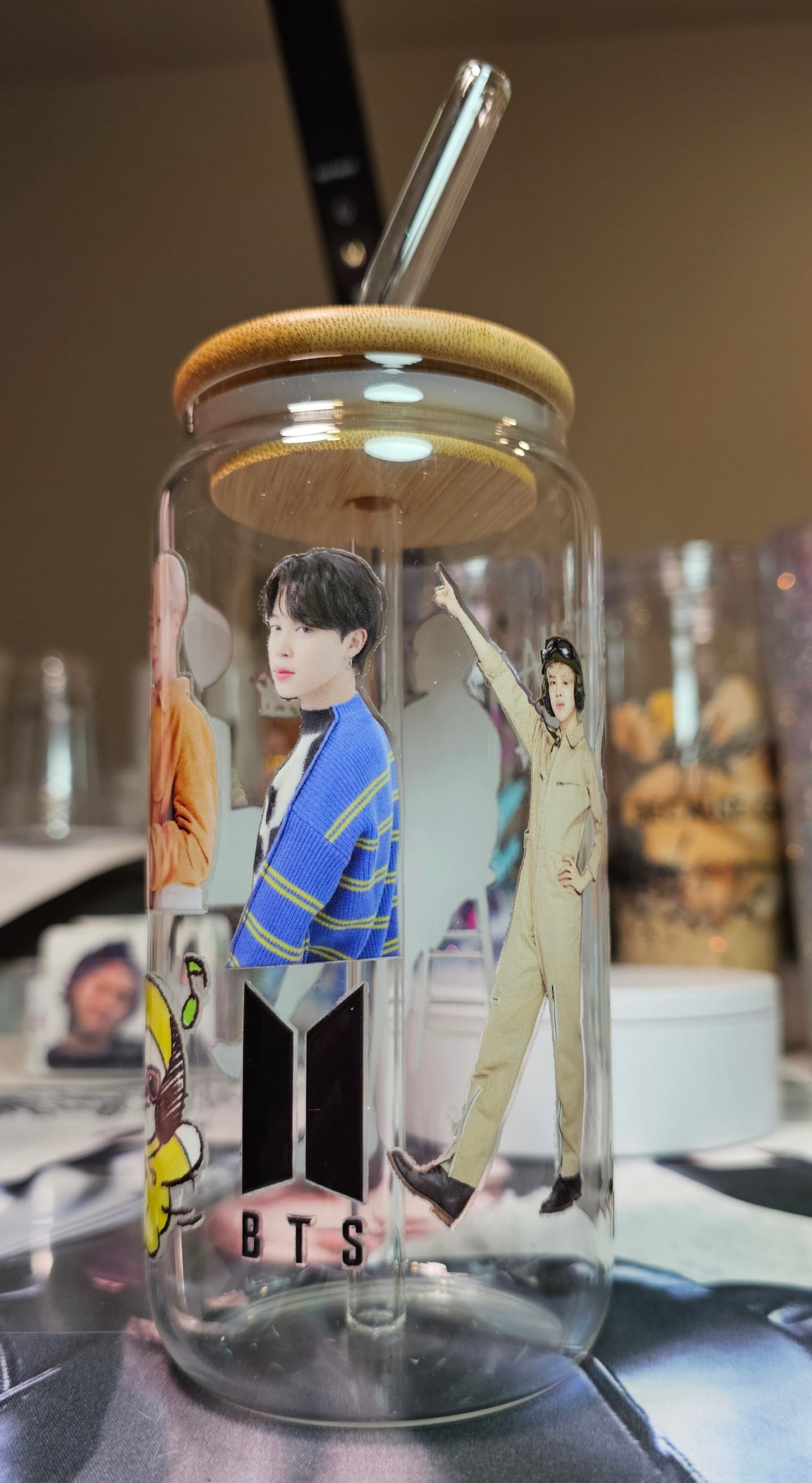 Jimin Bt21 Frosted Glass Cup w Glass Straw