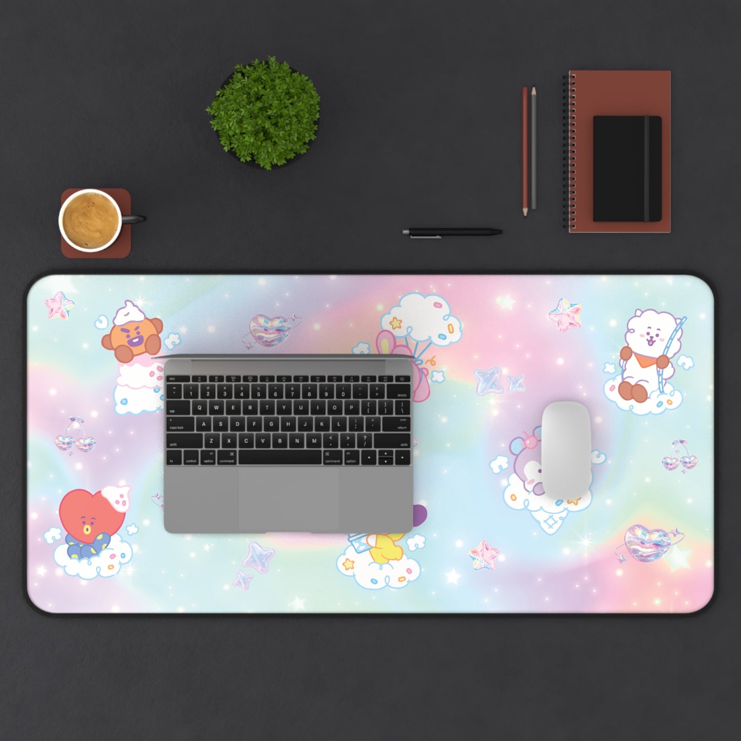 Kpop Character Clouds and Ice Cream Large Desk Mat / Kpop Office Space