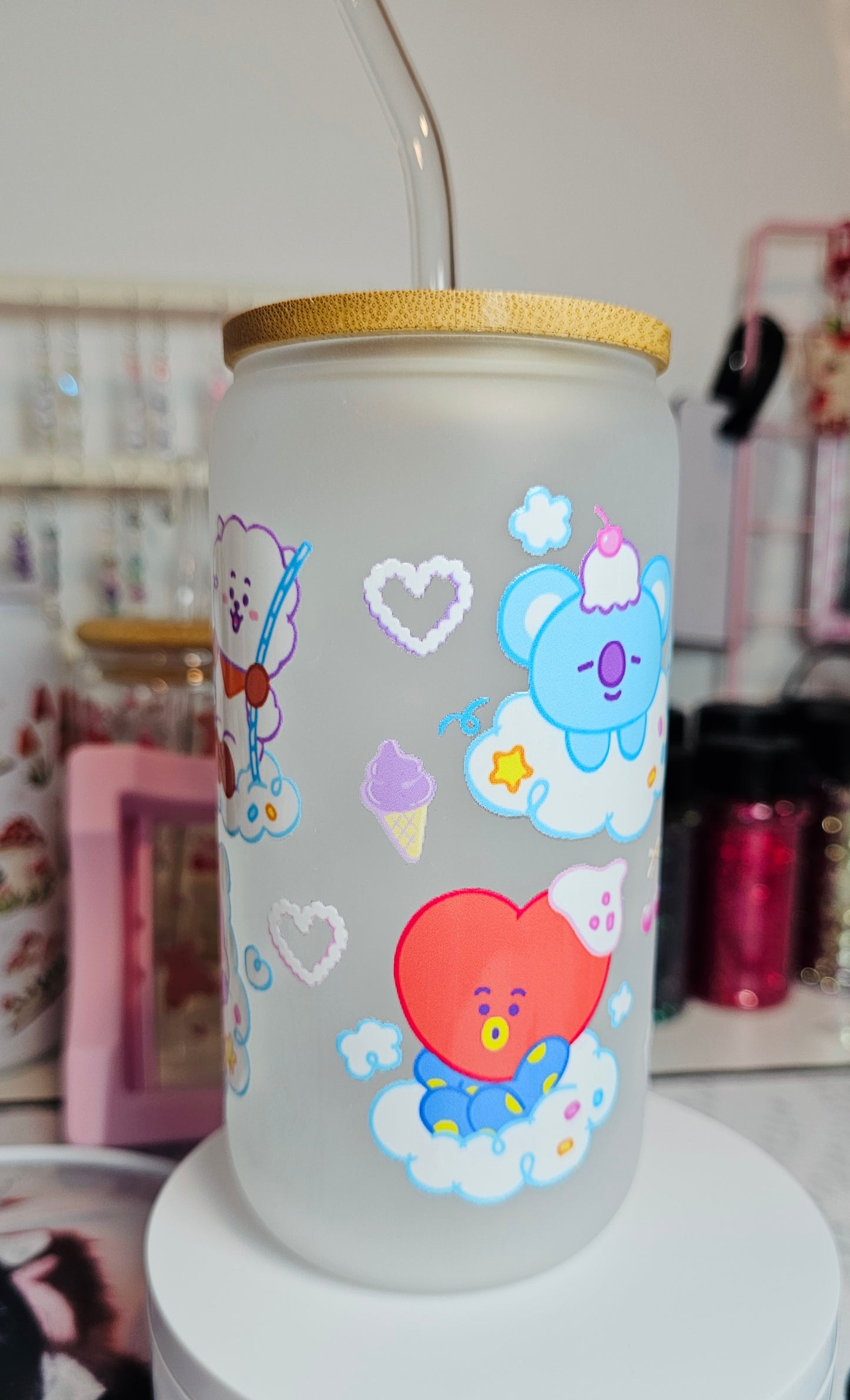 Bt21 Frosted Glass Cup w Glass Straw