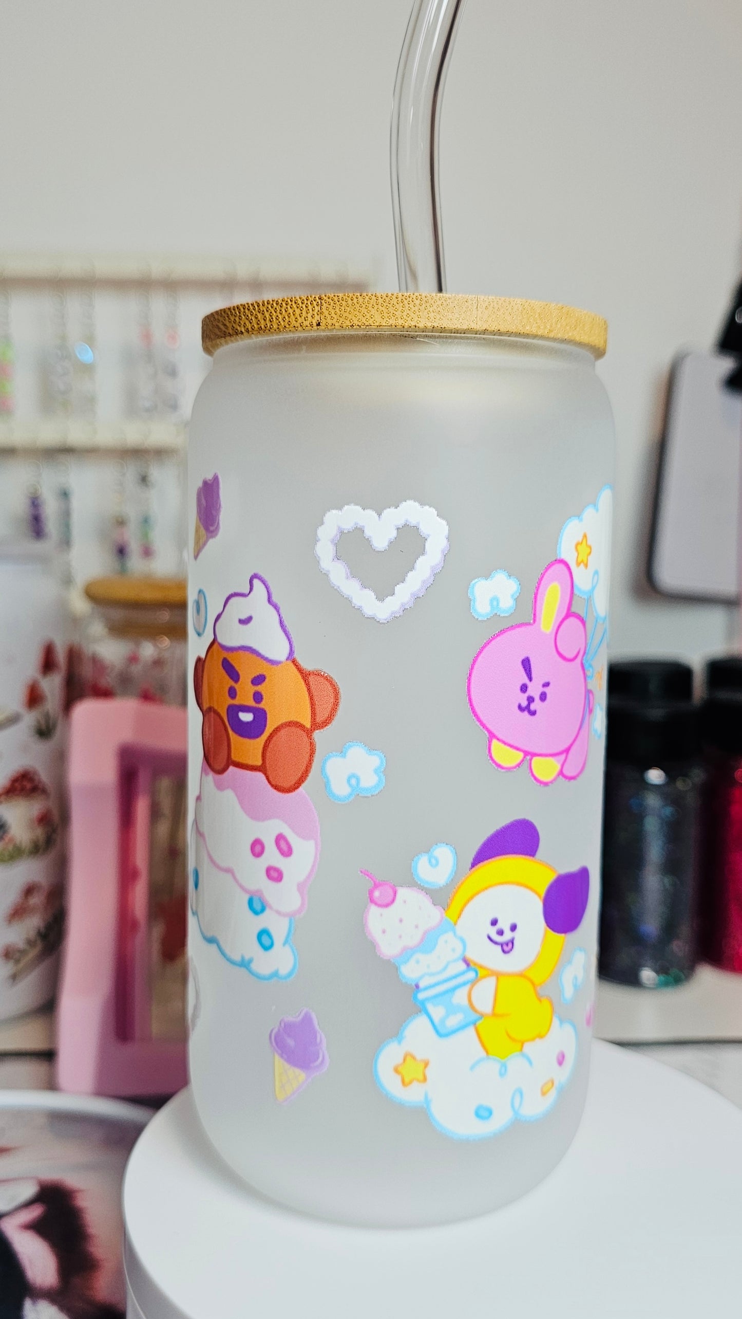 Bt21 Frosted Glass Cup w Glass Straw