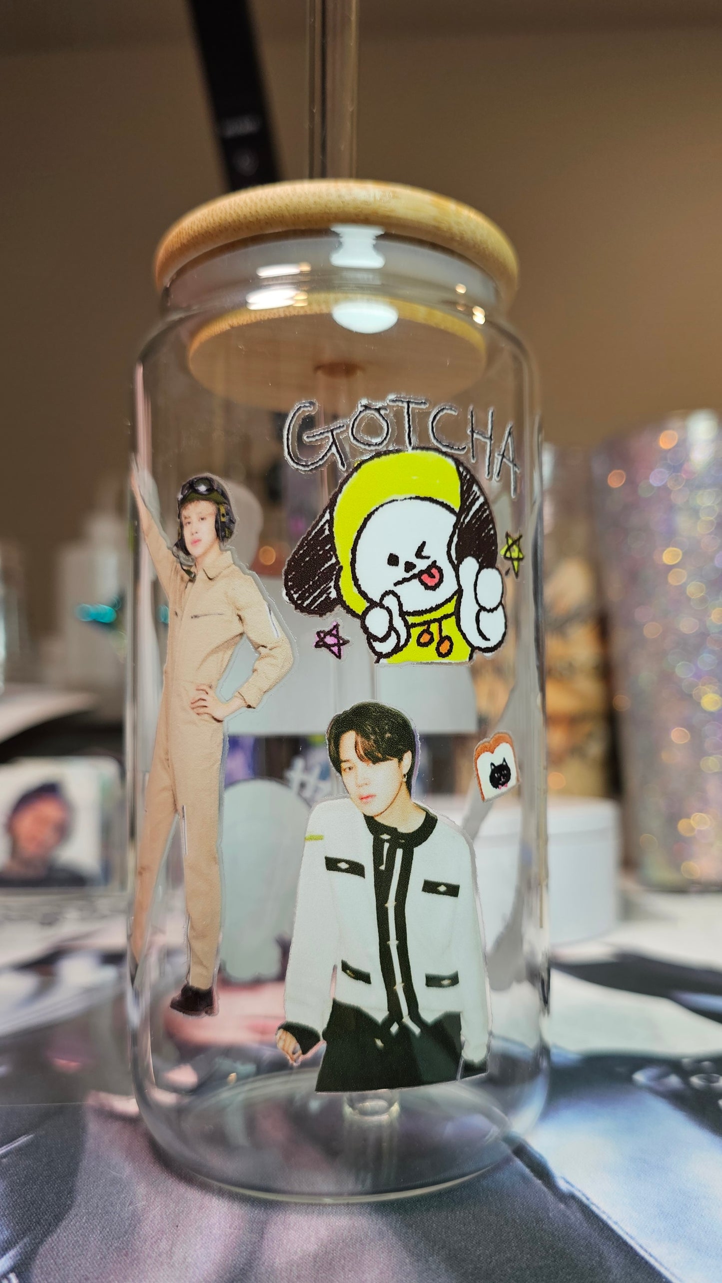Jimin Bt21 Frosted Glass Cup w Glass Straw