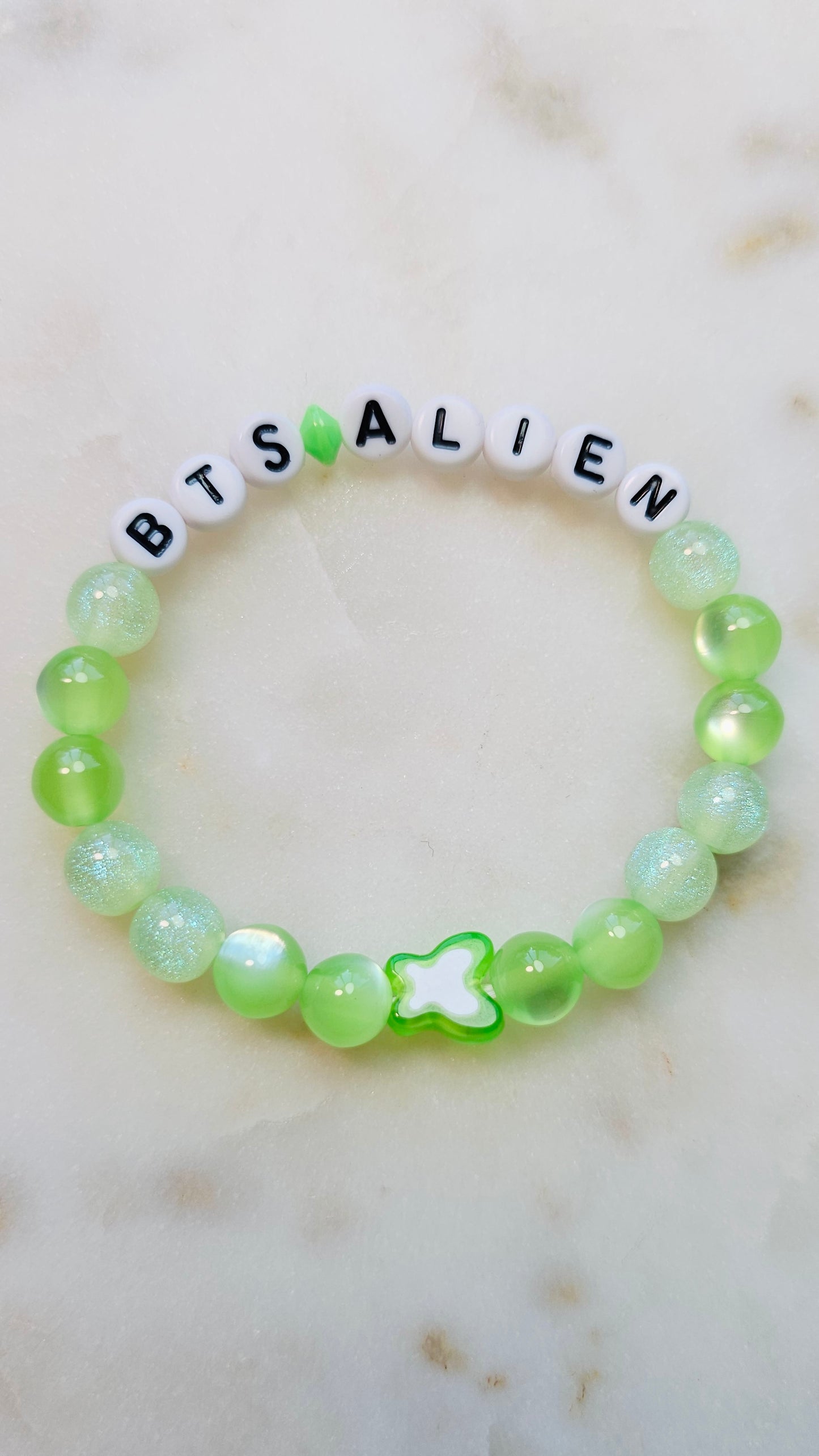 Kpop BTS Alien Song Lyric Concert Arirang Tour Handmade Green Bracelet with Cat Eye Flashy Beads / LoveStayTreasures