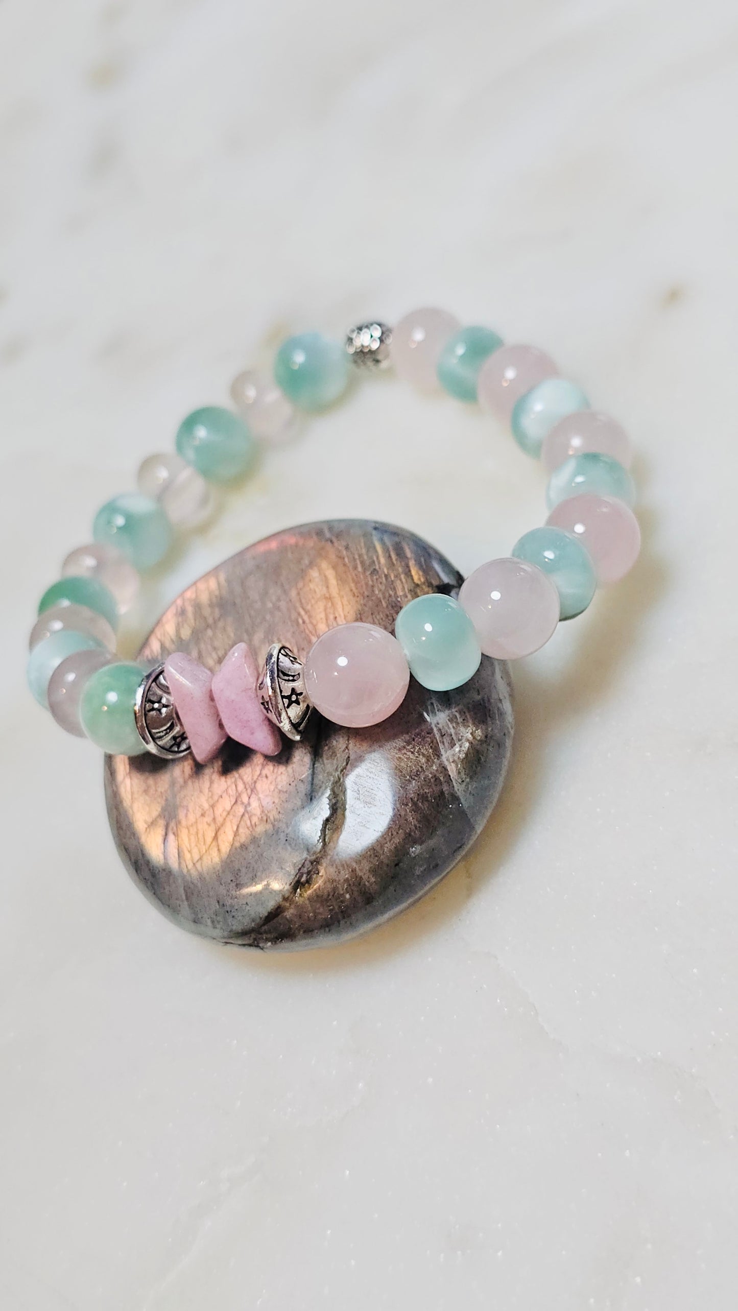 BTS “Spring Day” Healing Crystal Bracelet – Green Moonstone and Rose Quartz Self Love,  & Energy Jewelry
