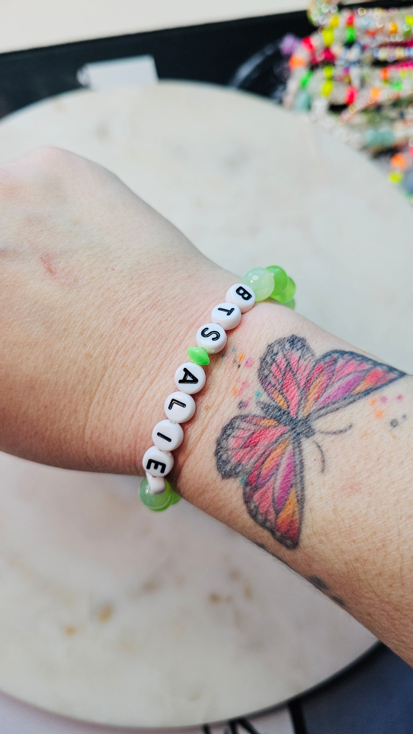 Kpop BTS Alien Song Lyric Concert Arirang Tour Handmade Green Bracelet with Cat Eye Flashy Beads / LoveStayTreasures