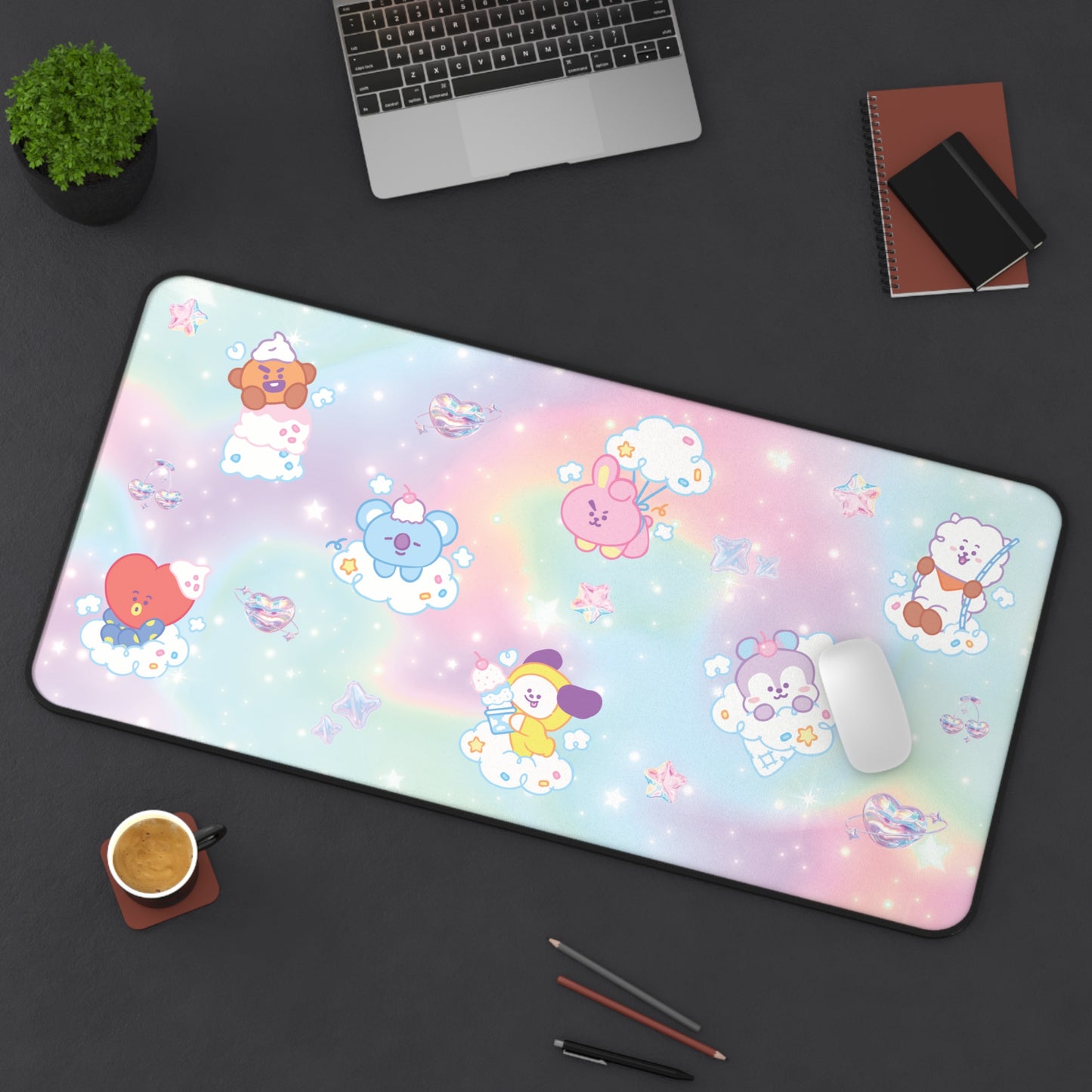 Kpop Character Clouds and Ice Cream Large Desk Mat / Kpop Office Space