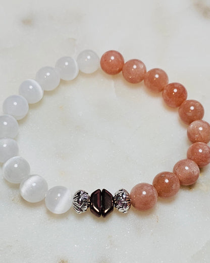 Kpop BTS Army “ON” Healing Crystal Bracelet – Flash Orange Moonstone + Satin Spar, Empowerment & Courage Jewelry