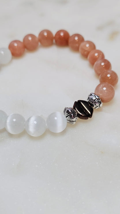 Kpop BTS Army “ON” Healing Crystal Bracelet – Flash Orange Moonstone + Satin Spar, Empowerment & Courage Jewelry