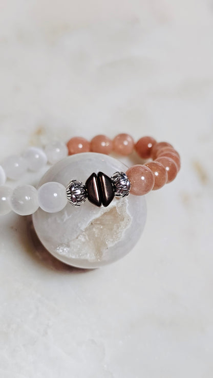 Kpop BTS Army “ON” Healing Crystal Bracelet – Flash Orange Moonstone + Satin Spar, Empowerment & Courage Jewelry