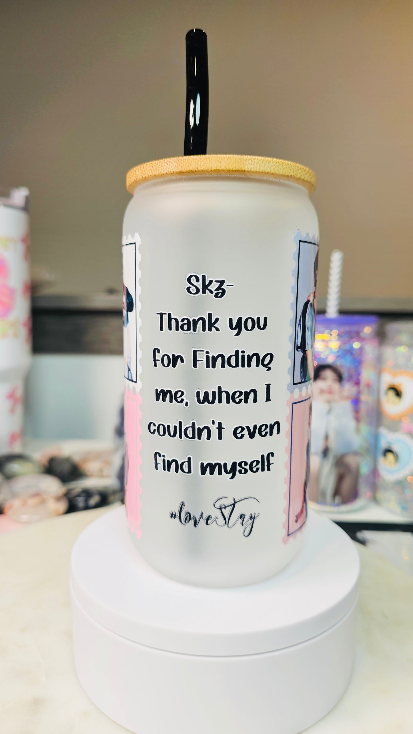 Thank You Stray Kids 16 oz Glass Cup w Glass Straw/ Make it Frosted too!