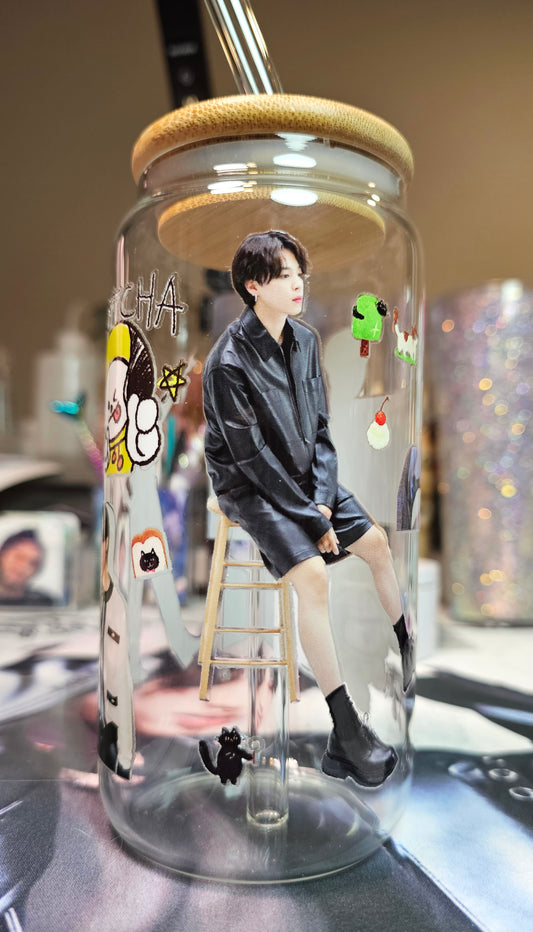 Jimin Bt21 Frosted Glass Cup w Glass Straw