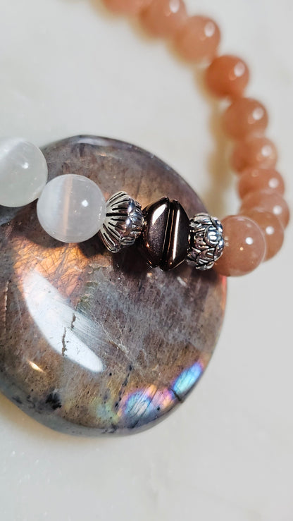 Kpop BTS Army “ON” Healing Crystal Bracelet – Flash Orange Moonstone + Satin Spar, Empowerment & Courage Jewelry