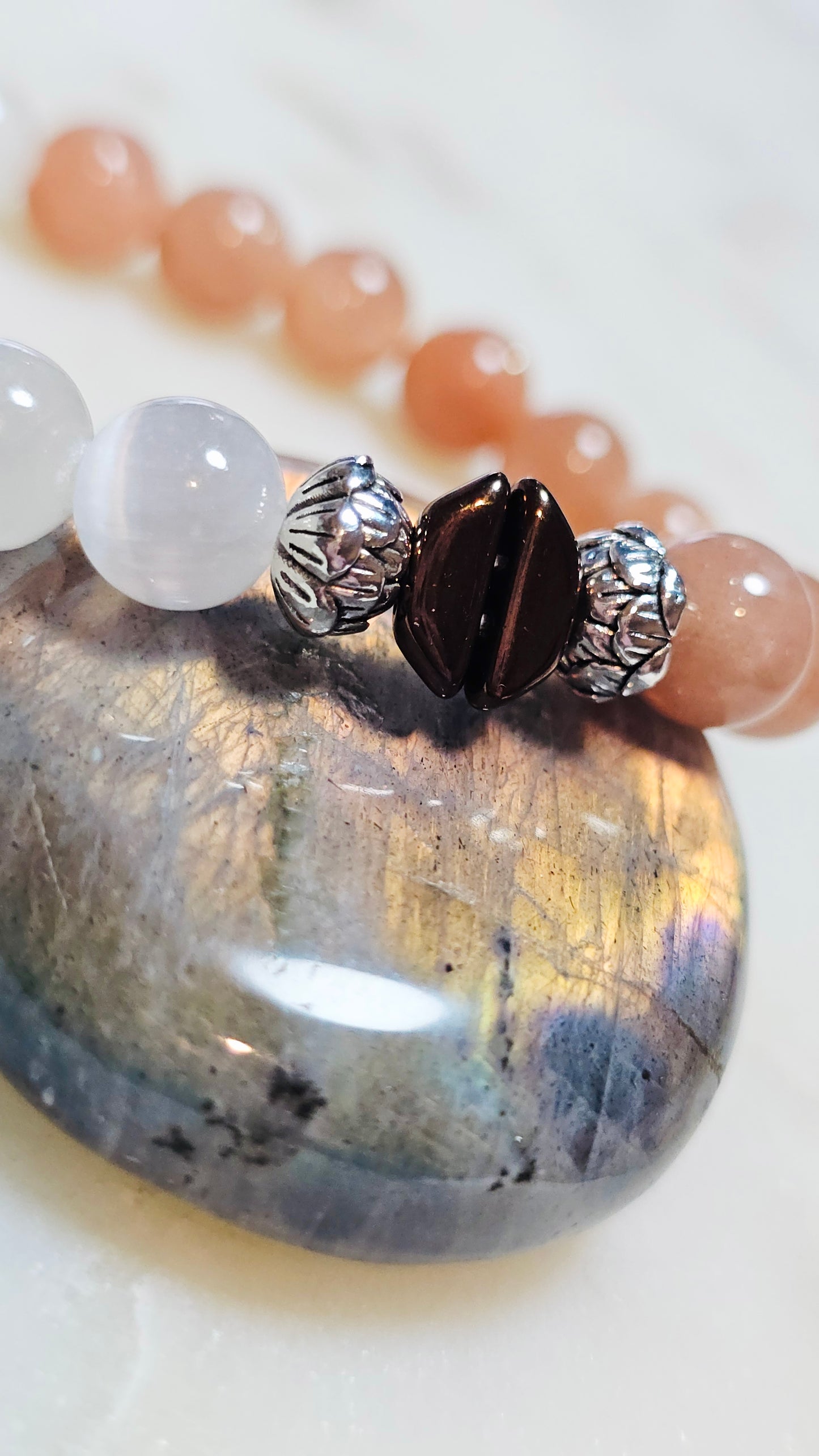 Kpop BTS Army “ON” Healing Crystal Bracelet – Flash Orange Moonstone + Satin Spar, Empowerment & Courage Jewelry