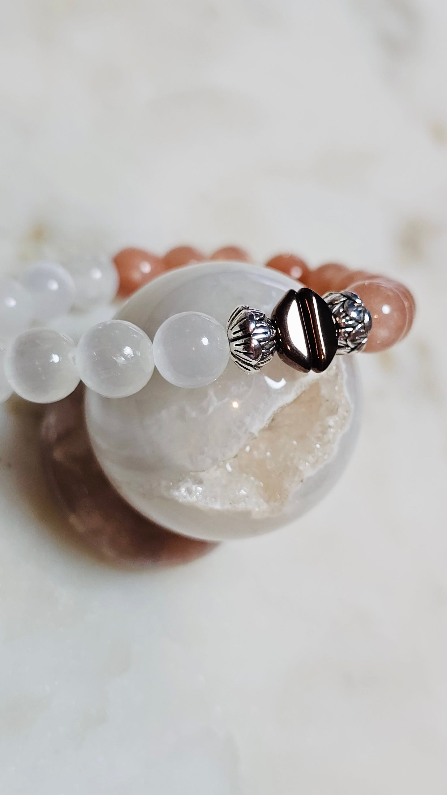 Kpop BTS Army “ON” Healing Crystal Bracelet – Flash Orange Moonstone + Satin Spar, Empowerment & Courage Jewelry