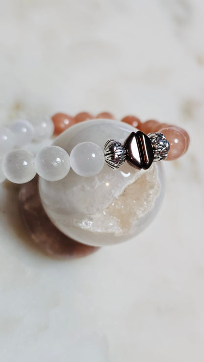 Kpop BTS Army “ON” Healing Crystal Bracelet – Flash Orange Moonstone + Satin Spar, Empowerment & Courage Jewelry