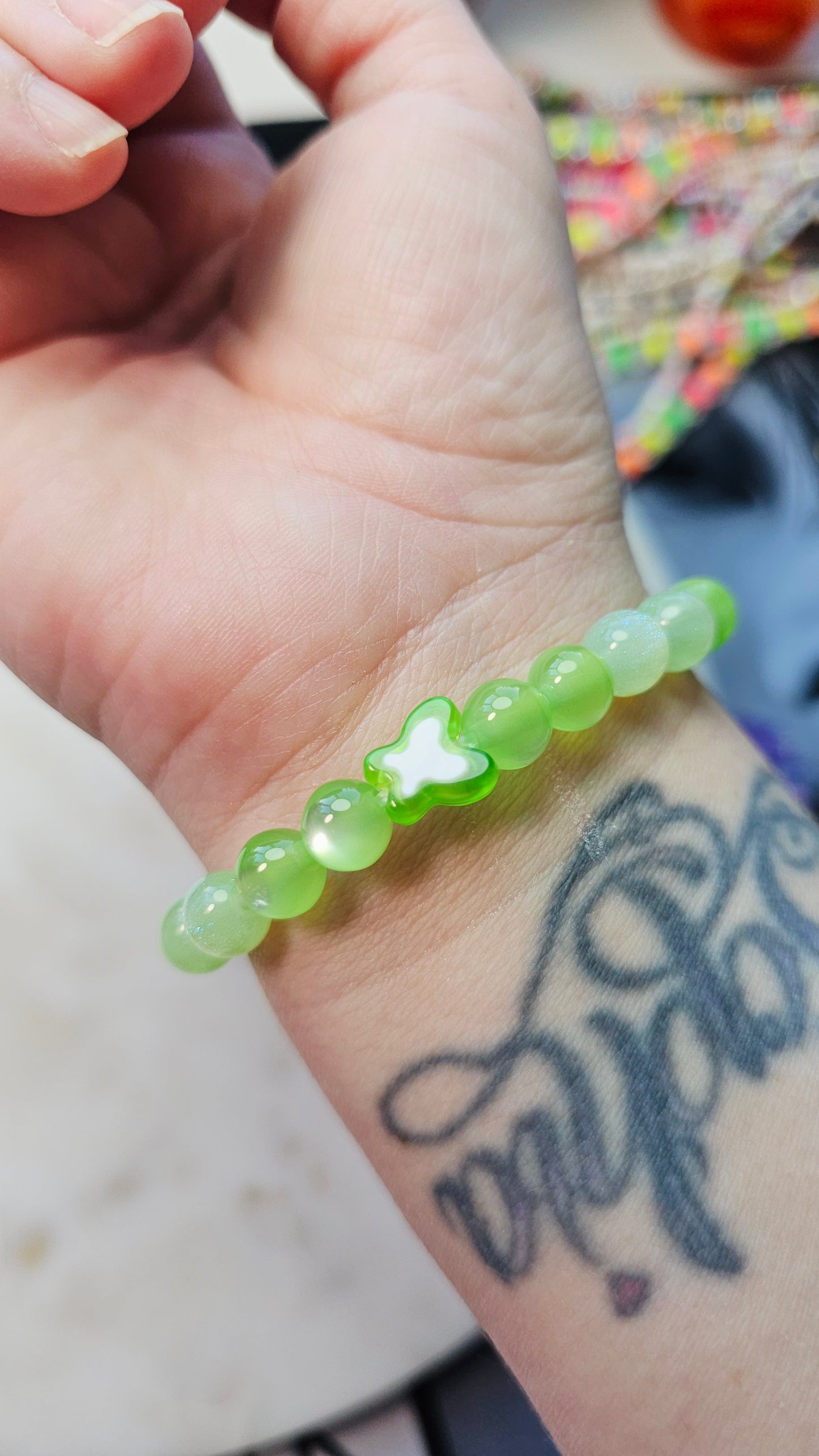 Kpop BTS Alien Song Lyric Concert Arirang Tour Handmade Green Bracelet with Cat Eye Flashy Beads / LoveStayTreasures