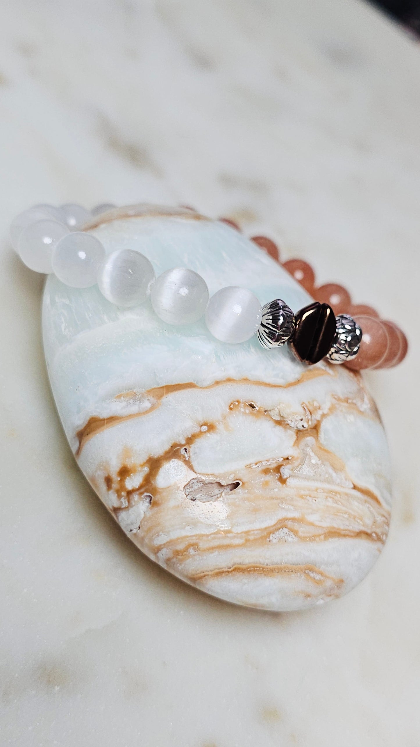 Kpop BTS Army “ON” Healing Crystal Bracelet – Flash Orange Moonstone + Satin Spar, Empowerment & Courage Jewelry