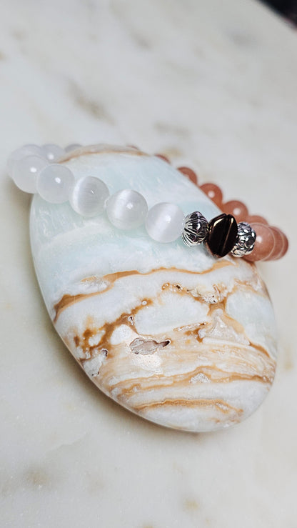 Kpop BTS Army “ON” Healing Crystal Bracelet – Flash Orange Moonstone + Satin Spar, Empowerment & Courage Jewelry