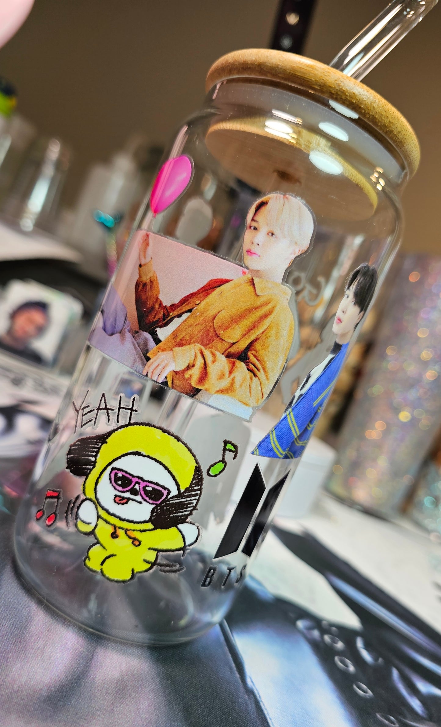 Jimin Bt21 Frosted Glass Cup w Glass Straw
