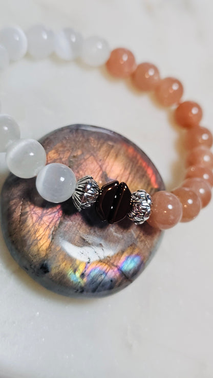 Kpop BTS Army “ON” Healing Crystal Bracelet – Flash Orange Moonstone + Satin Spar, Empowerment & Courage Jewelry
