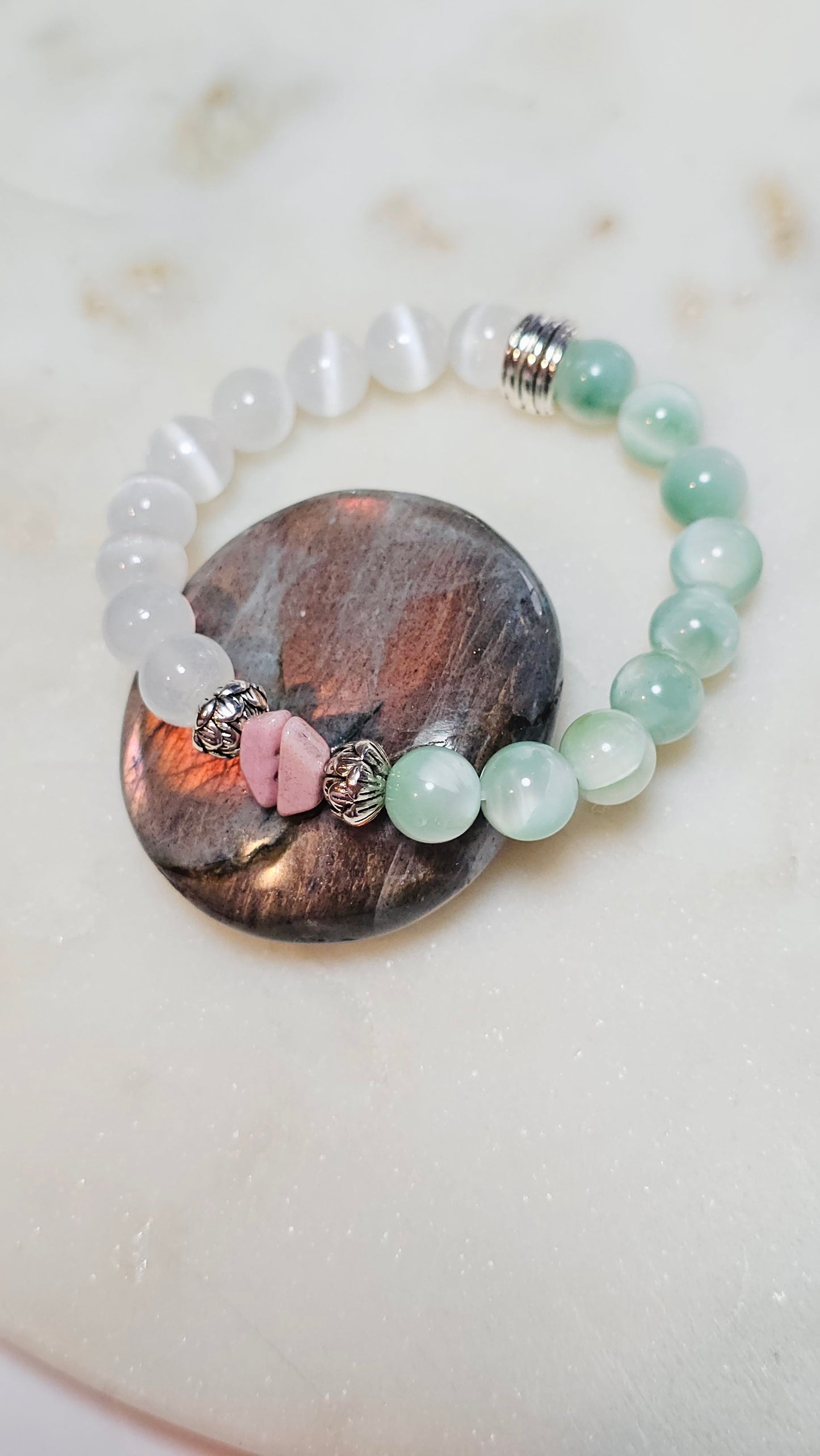 Kpop BTS Army “Love Myself” Healing Crystal Bracelet - Green Moonstone, Satin Spar, Self-Love and Emotional Balance Jewelry