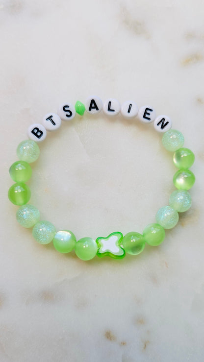Kpop BTS Alien Song Lyric Concert Arirang Tour Handmade Green Bracelet with Cat Eye Flashy Beads / LoveStayTreasures