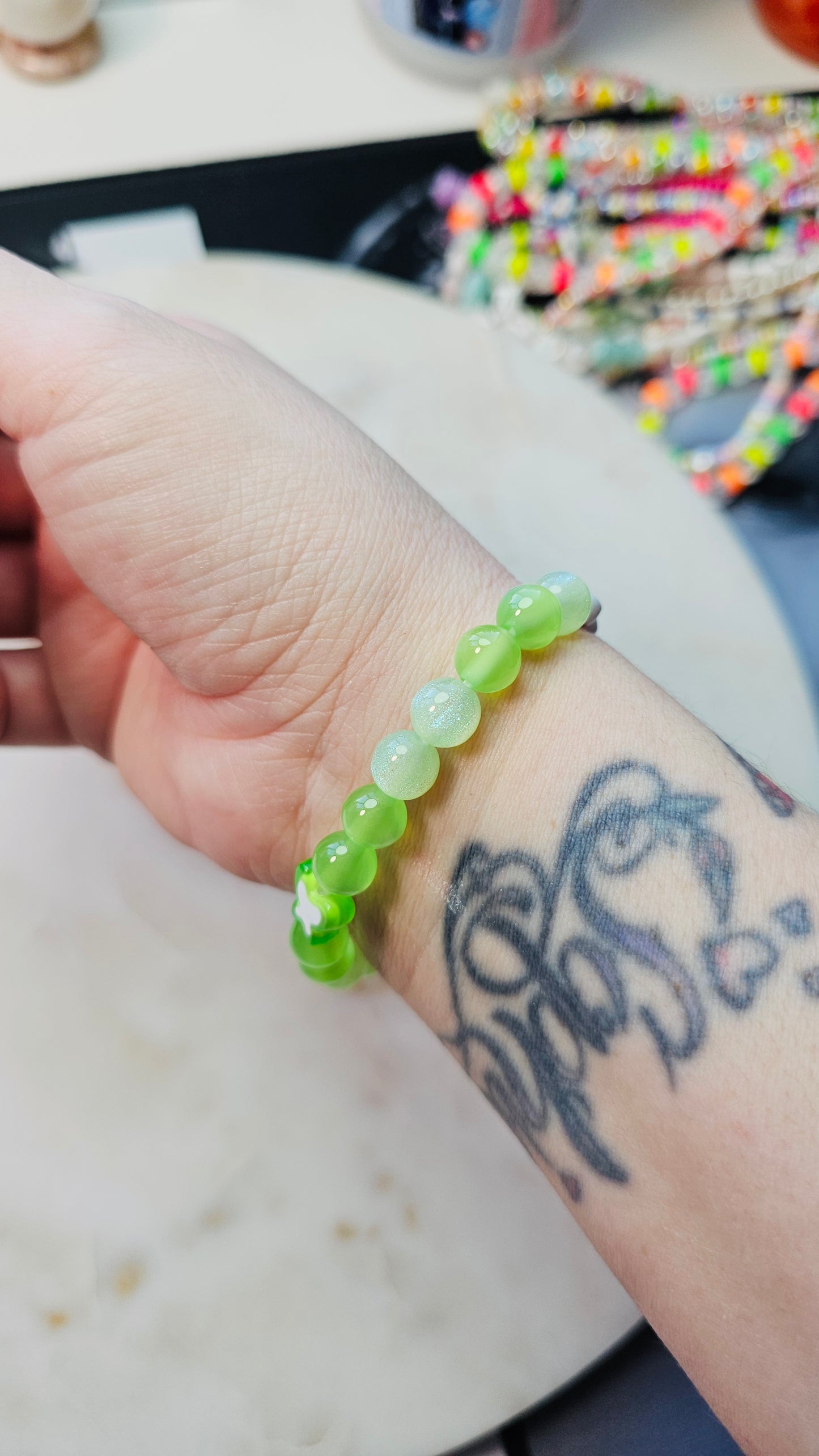 Kpop BTS Alien Song Lyric Concert Arirang Tour Handmade Green Bracelet with Cat Eye Flashy Beads / LoveStayTreasures