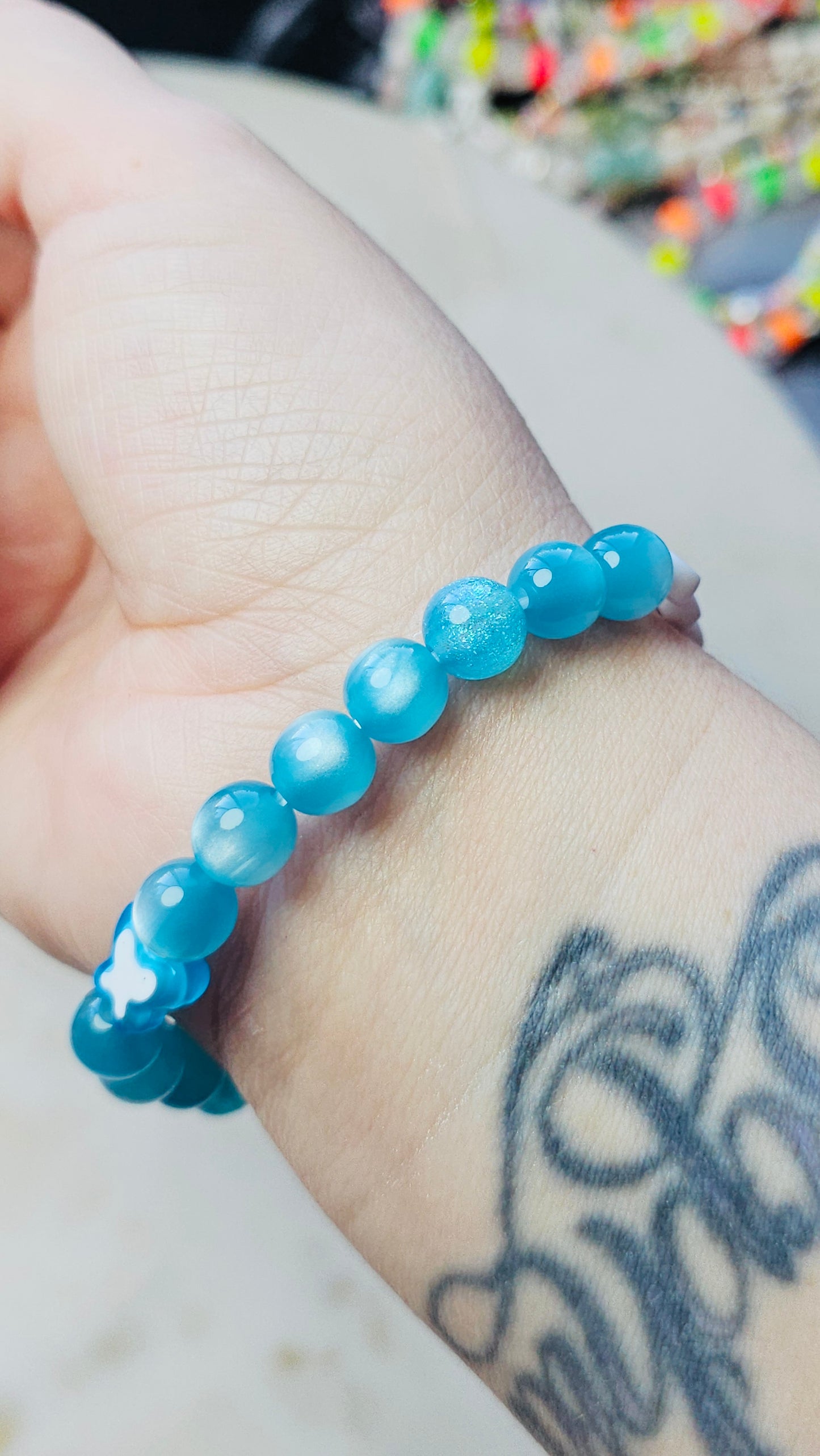 Kpop BTS Florida Concert Arirang Tour Handmade Blue Bracelet with Cat Eye and Glitter Style Flashy Beads / LoveStayTreasures