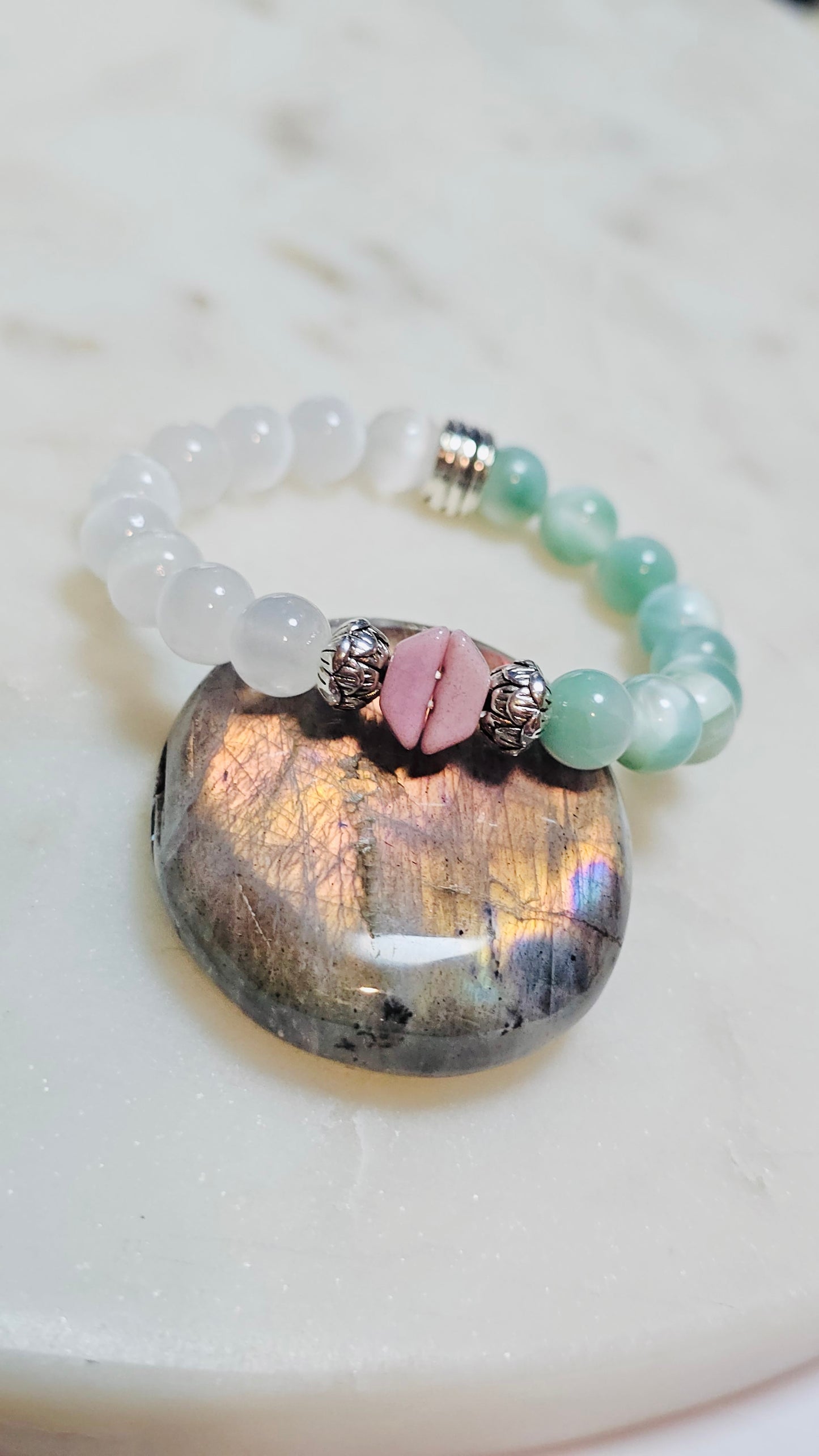 Kpop BTS Army “Love Myself” Healing Crystal Bracelet - Green Moonstone, Satin Spar, Self-Love and Emotional Balance Jewelry