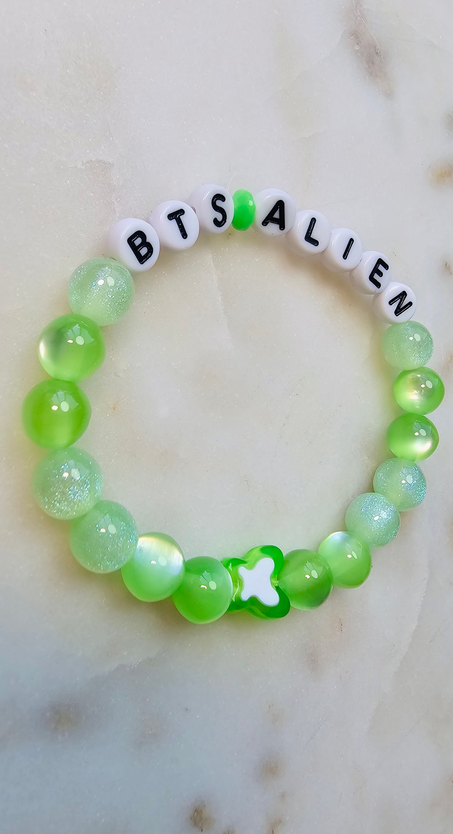 Kpop BTS Alien Song Lyric Concert Arirang Tour Handmade Green Bracelet with Cat Eye Flashy Beads / LoveStayTreasures