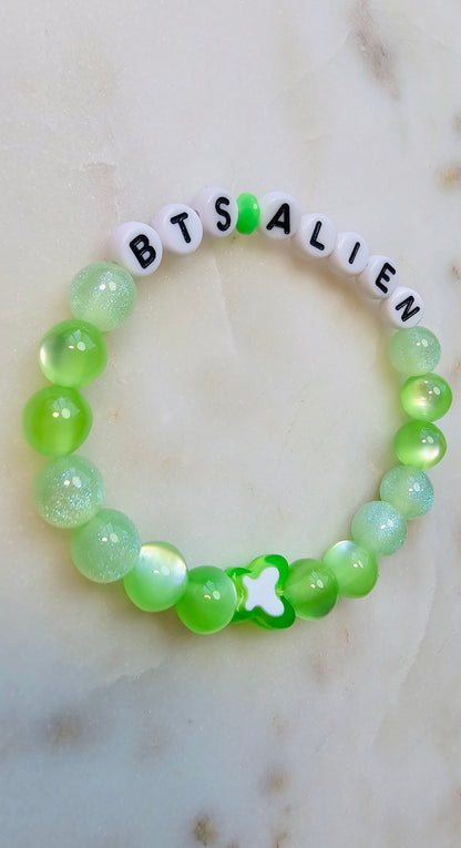 Kpop BTS Alien Song Lyric Concert Arirang Tour Handmade Green Bracelet with Cat Eye Flashy Beads / LoveStayTreasures