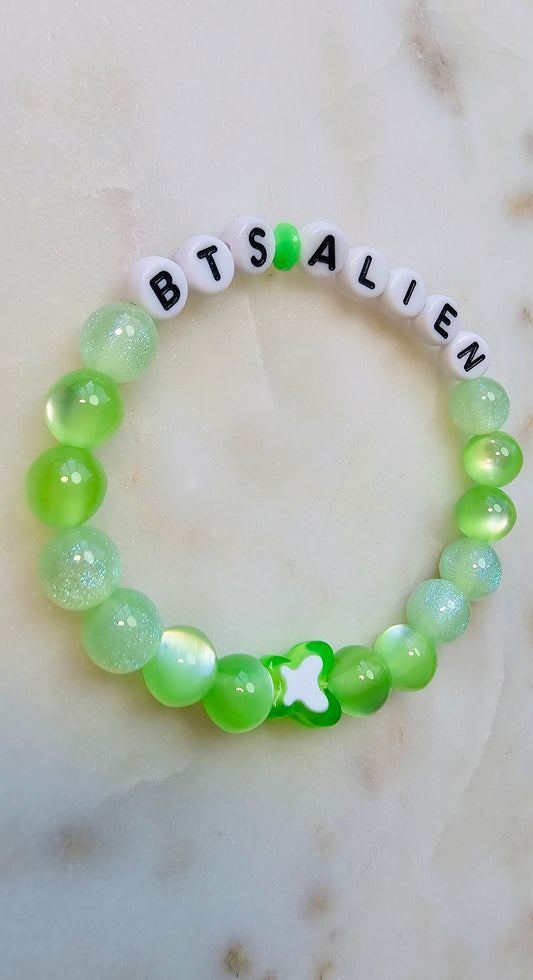 Kpop BTS Alien Song Lyric Concert Arirang Tour Handmade Green Bracelet with Cat Eye Flashy Beads / LoveStayTreasures
