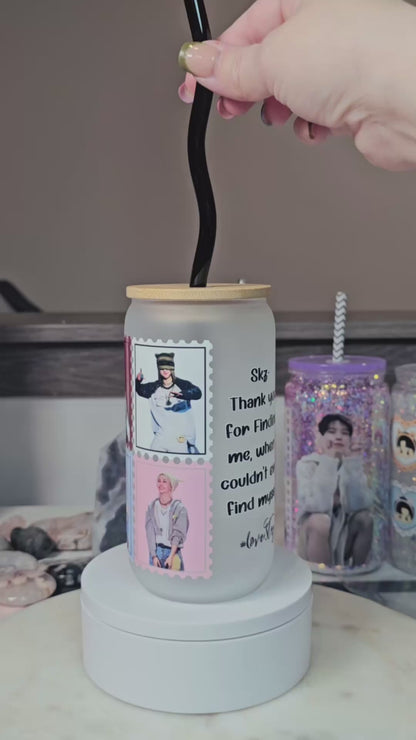 Thank You Stray Kids 16 oz Glass Cup w Glass Straw/ Make it Frosted too!